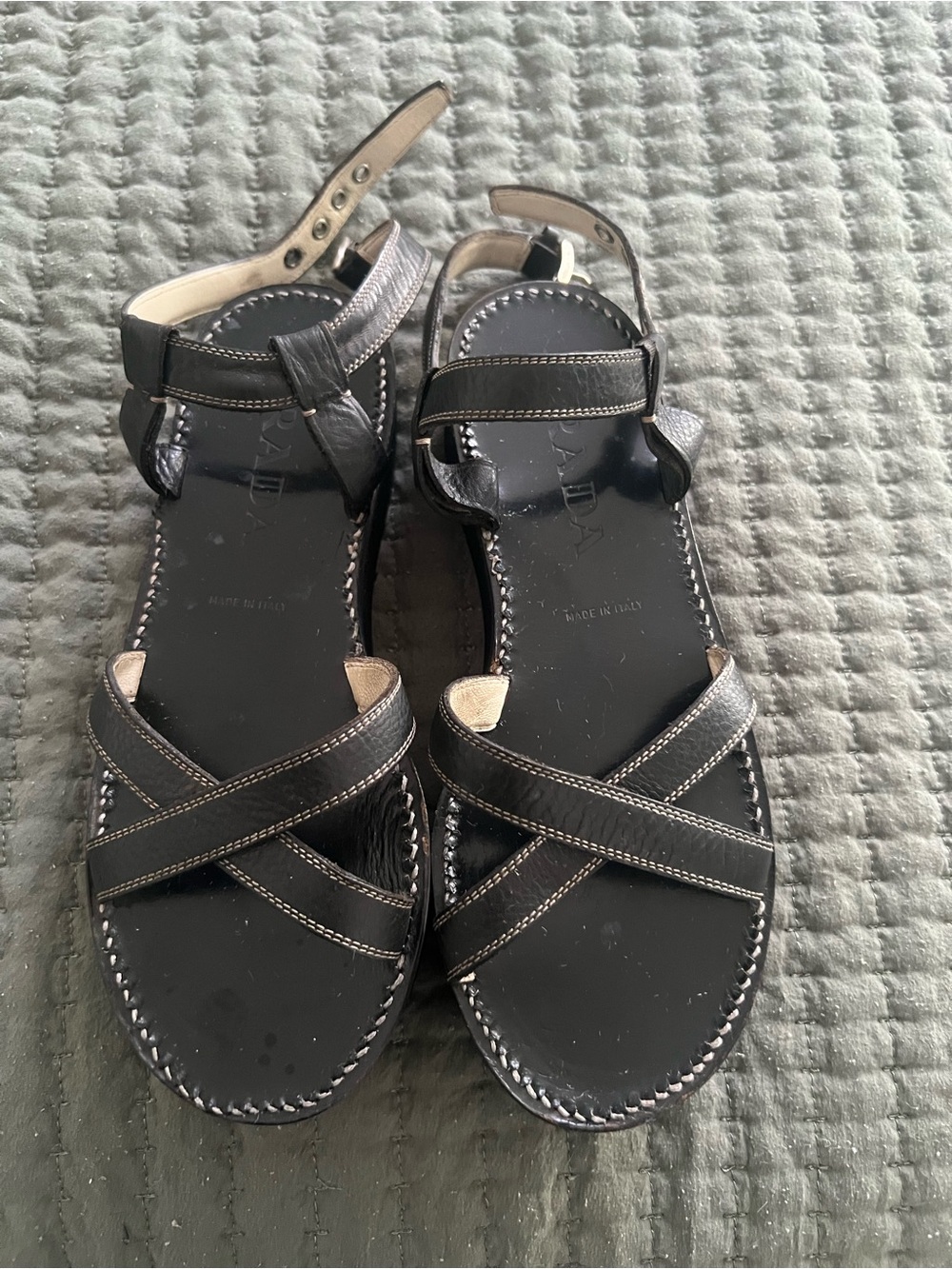 Prada Black Leather Crisscross Ankle Strap Sandals